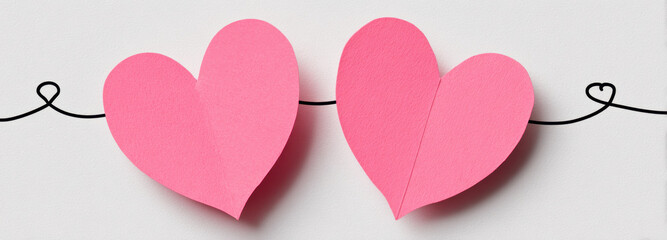 Two pink paper hearts connected by single black line create charming and playful visual. This evokes feelings of love and connection, perfect for romantic themes