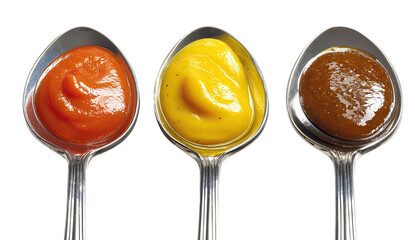 Three spoons hold tomato ketchup, yellow mustard, and brown sauce