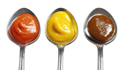 Three spoons hold tomato ketchup, yellow mustard, and brown sauce