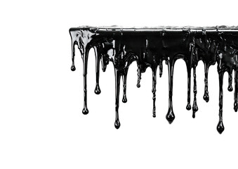 Dripping, shiny black liquid suspended on edge, against a stark black backdrop