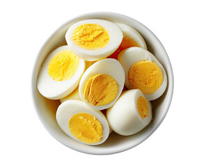 White bowl with halved hard-boiled eggs, yellow yolks seen from above