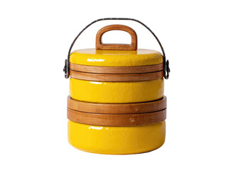 Stacked, bright yellow food container with wooden accents and a wire handle