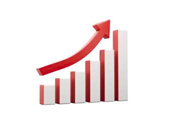 Rising graph with white bars and a red arrow, isolated on a transparent background