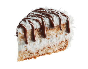 Coconut cake slice white frosting, chocolate drizzle, light airy texture