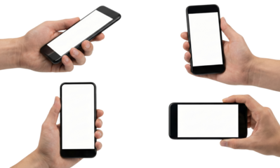 Hands holding smartphones with blank screens, isolated on white background