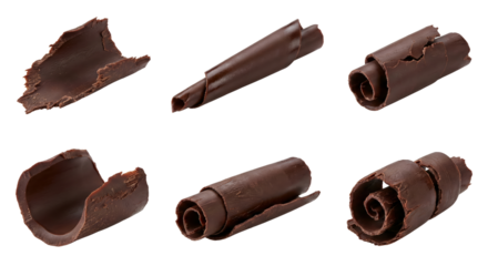 Six Dark Chocolate Curls and Shavings on a White Background