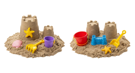 Two sandcastles with beach toys on white background, summer fun, kids play