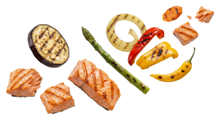 Grilled Salmon and Vegetables Assortment, Healthy Food Collage, White Background