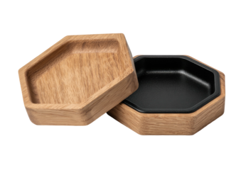 Open wooden hexagon box with black inner lining, lid partially visible