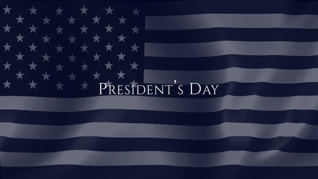 Happy President's Day text animation on a dark blue waving American flag as the background. Great for use on presidents day celebration, banner, event, etc.