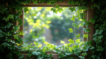Cascading green ivy vines over wooden frame perfect for nature inspired decor and landscaping concepts with lush foliage and blurred background with green leaves and plants and flowers with growth