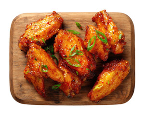 Glazed chicken wings with green onions on a rustic wooden serving board