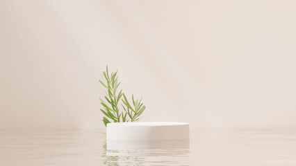 Minimal Beige Product Podium with Green Botanical Accent and Soft Light &ndash; Abstract 3D Background Series
