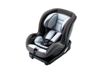Gray & black car seat for infant or toddler, angled view, isolated on black