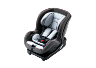 Gray & black car seat for infant or toddler, angled view, isolated on black