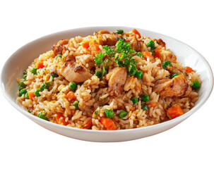 Rice dish with chicken, carrots, peas in white bowl, garnished with parsley