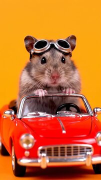 Cute Hamster Driving a Red Toy Car with Goggles on an Orange Background