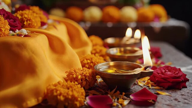 Hanuman Jayanti background with saffron cloth and oil lamps casting calm shadows