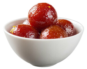 Shiny, glistening, dark red globes in a small white bowl against black