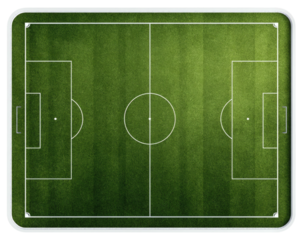 Aerial view of an empty green soccer/football field with white lines