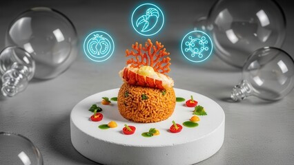 Spectacular High-Contrast Flat Lay of Modernist Jollof Rice Sphere with Lobster Tail and Futuristic Cyan Holographic Culinary Icons on Minimalist Pedestal Plate