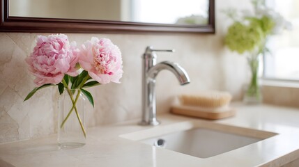 A modern bathroom sink with peony flowers in a vase on the table, soft lighting