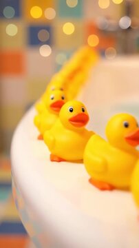 Rubber Ducks Marching in a Line on a Bathtub in Stop Motion