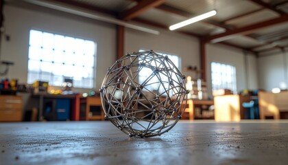 Intricate metallic sphere with a complex geometric design resting on a workshop floor, symbolizing innovation and engineering in an industrial environment