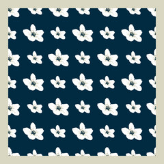 White Peach Blossoms and Deep Navy Backdrop Pattern. Ideal for spring designs, fabric prints, stationery, packaging, wallpapers, and floral themed products.