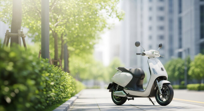 Electric scooter parked on a sunny city sidewalk, showcasing sustainable urban transportation. Green mobility for clean environment and modern transit.