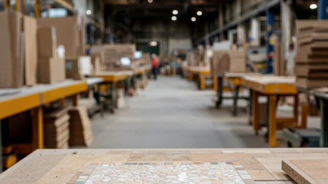 Wide-Angle View of a Busy Workshop with People and Stacks of Materials for Video Production