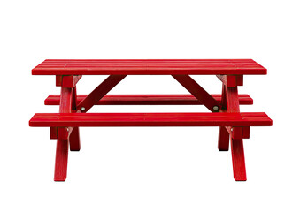 Red picnic table with horizontal planks isolated on a solid black background