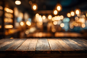 Wooden table with blurred background at a bar during evening hours with warm lights