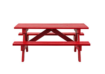 A bright red, wooden picnic table with symmetrical design on a black background