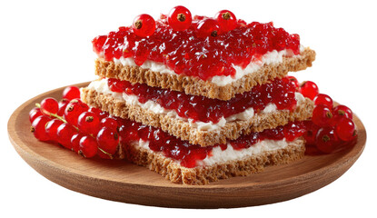 Stack of open-faced sandwiches topped with red fruit and cream on wooden platter