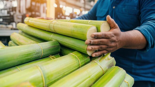 Fresh Sugar Cane Stacked with Care, Showcasing Nature's Sweet Harvest in a Bright Agricultural Setting