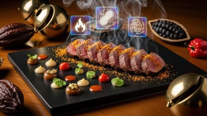 Spectacular Macro Photograph of Opulent Wagyu Beef Suya with Gold Leaf, Rising Smoke, and Futuristic Holographic Aroma and Heat Icons