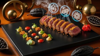 Spectacular Macro Photograph of Opulent Wagyu Beef Suya with Gold Leaf, Rising Smoke, and Futuristic Holographic Aroma and Heat Icons