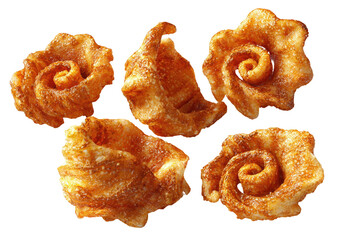Fried dough pastries, some flower-shaped, golden brown, arranged on black background