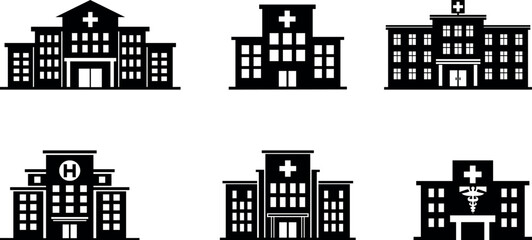 Hospital building icon set. Hospital and healthcare silhouette. Medical Centre, Clinic and Healthcare Facility Silhouette Collection
