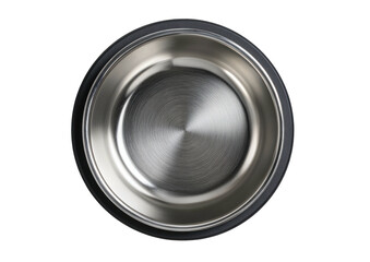 Overhead view of empty metal bowl with radial brushed texture on black background