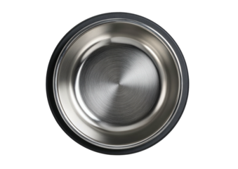 Overhead view of empty metal bowl with radial brushed texture on black background