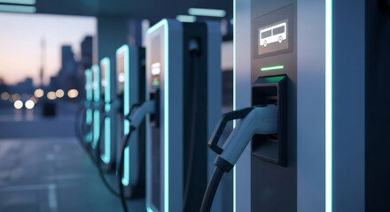Electric vehicle charging station with multiple charging points at dusk. Sustainable transportation and ecofriendly technology for a greener future.