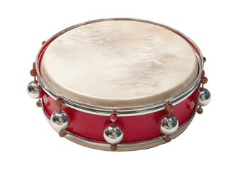 Red frame drum with beige hide, ornamented with silver spheres against black