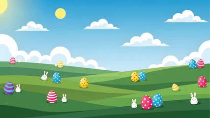 Colorful Easter eggs and cute bunnies scattered across a vibrant green field.