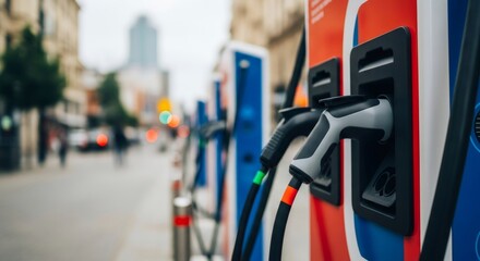 Electric vehicle charging station on a city street. Sustainable energy for eco friendly transport and future mobility.