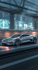 Fototapeta premium Futuristic car driving on a highway at night, concept of eco transport and future mobility in a smart city or urban environment.