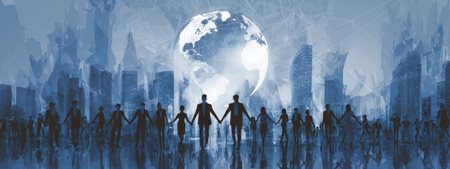 global business network, featuring silhouettes of people in corporate attire holding hands with the earth globe at their center Generative AI