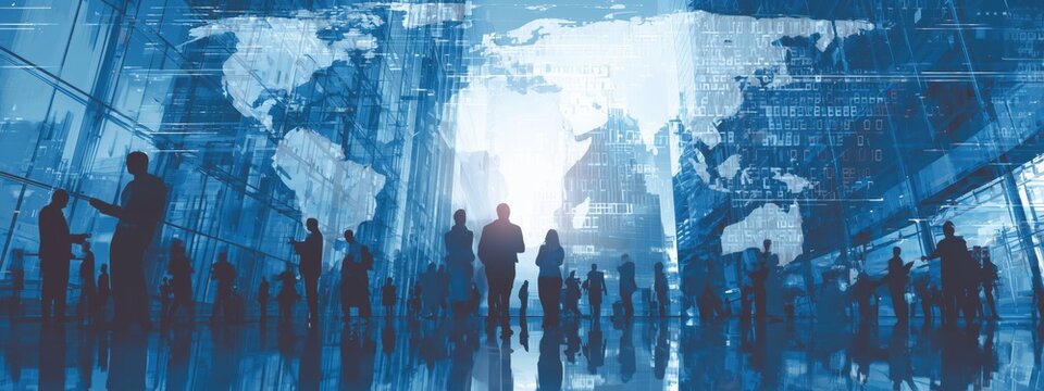 global business and connectivity, with silhouettes representing people from various countries working together on an online project, surrounded by abstract symbols like a globe Generative AI