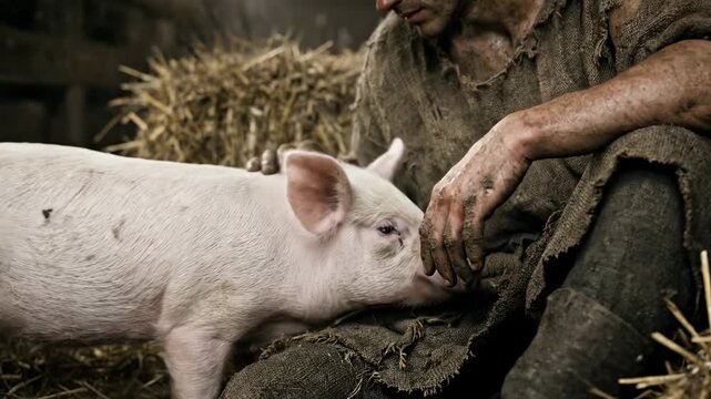 Parable of the Prodigal Son: Starving Son in Rags with Pigs, Symbol of Poverty, Regret and Despair - part 2
